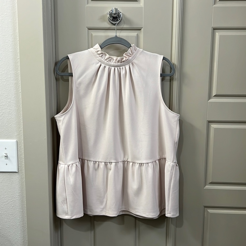 Ann Taylor Large Blush Pink Ruffle Neck Peplum Short Sleeve Top/Blouse